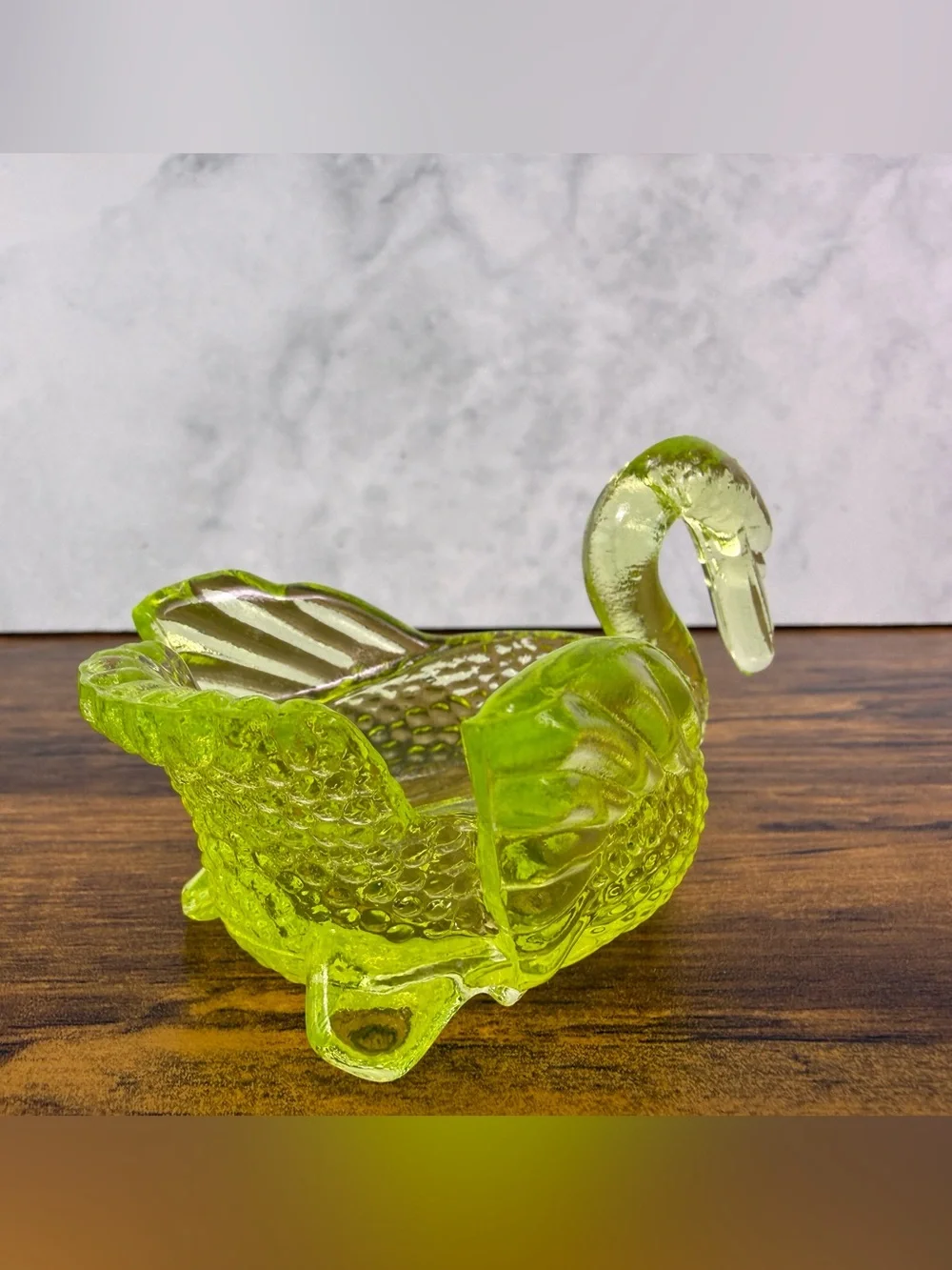 Mosser Glass Uranium Vaseline Swan Open Salt Cellar Dish UV Glow Vintage